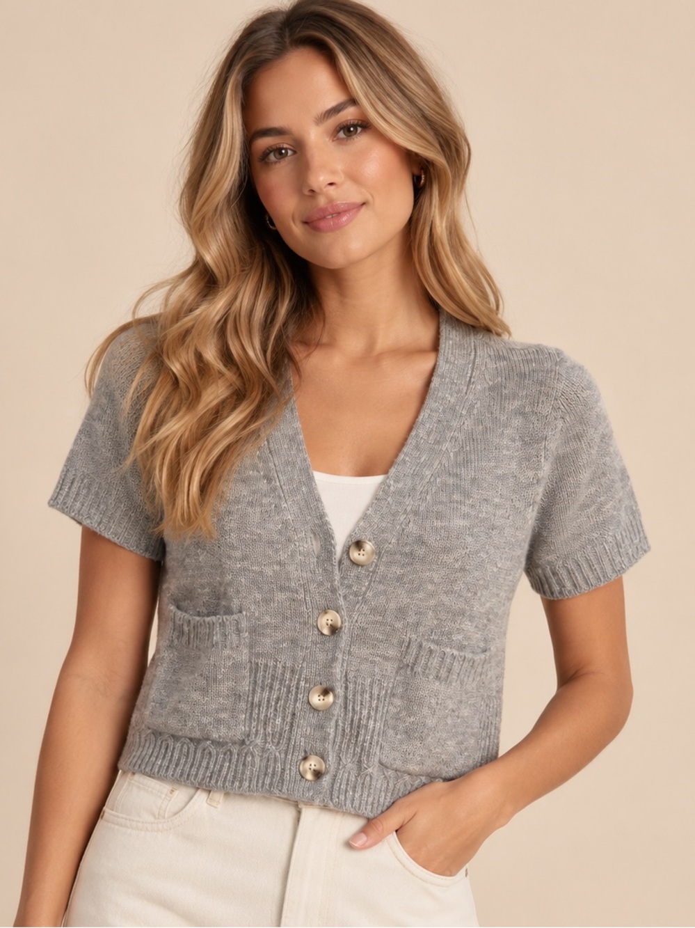 Design History Gray Short Sleeve Button Front Cardigan Size L